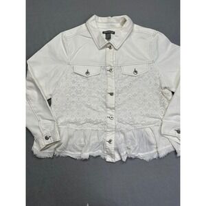 Kate & Mallory White Denim Lace Peplum Jacket Womens 1X Mixed Media Cottagecore